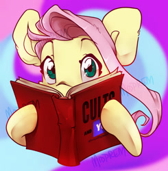 Size: 1958x2000 | Tagged: safe, artist:midnightpremiere, imported from derpibooru, fluttershy, pegasus, pony, friendship is witchcraft, abstract background, book, bust, cult leader fluttershy, female, looking at you, mare, solo