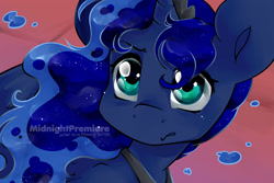 Size: 2000x1333 | Tagged: safe, artist:midnightpremiere, imported from derpibooru, princess luna, alicorn, pony, abstract background, bust, female, frown, mare, signature, solo