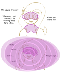 Size: 2199x2598 | Tagged: safe, artist:moonatik, imported from derpibooru, fluttershy, pegasus, pony, 2 panel comic, colored sketch, comic, female, hypnogear, hypnogoggles, hypnosis, hypnotized, hypnovember 2024, lip bite, mare, offscreen character, pov, sketch, swirly eyes