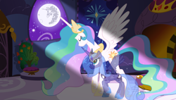 Size: 4532x2577 | Tagged: safe, artist:alicesponycorner, imported from derpibooru, princess celestia, princess luna, alicorn, ghost, ghost pony, pony, undead, accessory, adobe, canterlot castle, canterlot castle interior, clothes, concave belly, crown, crying, duo, female, flowing hair, flowing mane, flowing tail, grief, height difference, hug, indoors, jewelry, light, looking out the window, mare in the moon, moon, raised hoof, regalia, regret, s1 luna, sad, see-through, show accurate, siblings, sisters, slender, spirit, spread wings, tail, tall, thin, window, winghug, wings, young luna