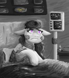 Size: 1600x1800 | Tagged: safe, artist:hiddenfaithy, imported from derpibooru, oc, oc only, oc:skyfire lumia, pegasus, fallout equestria, bandaged, bed, fallout equestria: uncertain ties, fanfic art, grayscale, hospital bed, injured, monochrome, painting, stable-tec