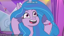 Size: 1920x1080 | Tagged: safe, imported from derpibooru, screencap, izzy moonbow, pony, unicorn, spoiler:g5, blue hair, blue mane, ears, eyelashes, g5, horn, my little pony: tell your tale, open mouth, purple fur, smiling