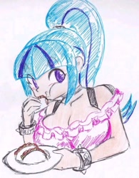 Size: 720x924 | Tagged: artist needed, source needed, safe, imported from derpibooru, sonata dusk, human, big breasts, breasts, bust, busty sonata dusk, cleavage, eating, food, humanized, light skin, sonataco, spiked wristband, taco, traditional art, wristband