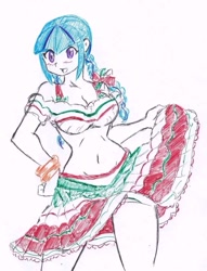 Size: 715x937 | Tagged: artist needed, source needed, safe, imported from derpibooru, sonata dusk, human, belly, belly button, big breasts, blushing, bracelet, breasts, busty sonata dusk, cleavage, clothes, female, hand on hip, humanized, jewelry, mexican, midriff, skirt, skirt lift, solo