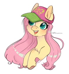 Size: 1005x1077 | Tagged: safe, artist:lululaozi, imported from derpibooru, fluttershy, pegasus, pony, baseball cap, blushing, bust, cap, colored hooves, cute, female, hat, hooves, mare, open mouth, open smile, portrait, shyabetes, signature, simple background, smiling, solo, white background