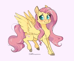 Size: 1040x850 | Tagged: safe, artist:lululaozi, imported from derpibooru, fluttershy, pegasus, pony, blushing, chest fluff, cloven hooves, female, mare, signature, simple background, smiling, solo, white background