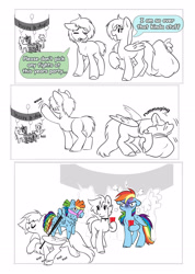 Size: 2700x3782 | Tagged: safe, artist:opalacorn, imported from derpibooru, rainbow dash, oc, oc:silver stream, alicorn, earth pony, pegasus, pony, unicorn, zebra, zebra alicorn, butt, comic, cross-popping veins, cup, emanata, female, hoof hold, horn, male, mare, partial color, piñata, plot, red solo cup, sack, simple background, smiling, stallion, trotting, waving, white background, zebra oc