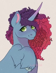 Size: 778x1020 | Tagged: safe, artist:lululaozi, imported from derpibooru, pony, unicorn, female, g5, horn, mare, misty brightdawn, raised hoof, signature, simple background, smiling, solo, unshorn fetlocks