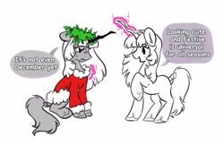 Size: 4096x2647 | Tagged: safe, artist:opalacorn, imported from derpibooru, oc, oc only, pony, unicorn, christmas, dialogue, duo, duo female, female, floral head wreath, flower, glowing, glowing horn, holiday, holly, horn, nose wrinkle, partial color, simple background, speech bubble, white background