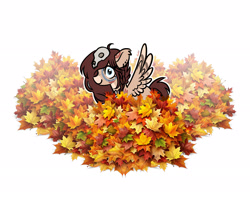 Size: 2734x2192 | Tagged: safe, artist:opalacorn, imported from derpibooru, oc, oc only, oc:ondrea, pegasus, pony, autumn, coat markings, female, leaf, leaf pile, leaves, mare, simple background, skull, smiling, solo, spread wings, white background, wings