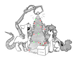 Size: 3129x2400 | Tagged: safe, artist:opalacorn, imported from derpibooru, oc, oc only, oc:tundra, cyborg, pegasus, pony, christmas, christmas tree, duo, duo male and female, female, grayscale, holiday, hood, male, mare, monochrome, partial color, simple background, stallion, tree, white background