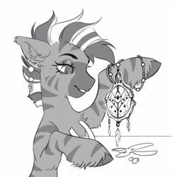 Size: 3600x3710 | Tagged: safe, artist:opalacorn, imported from derpibooru, oc, oc only, oc:philani, zebra, black and white, bust, ear fluff, ear piercing, earring, female, grayscale, jewelry, lidded eyes, mare, monochrome, piercing, simple background, smiling, solo, unshorn fetlocks, white background, zebra oc