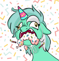 Size: 3883x4065 | Tagged: safe, artist:opalacorn, imported from derpibooru, lyra heartstrings, pony, unicorn, abstract background, birthday cake, bust, cake, female, floppy ears, food, frown, hat, horn, l.u.l.s., mare, open mouth, party hat, solo