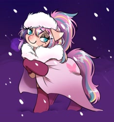 Size: 3837x4096 | Tagged: safe, artist:opalacorn, imported from derpibooru, oc, oc only, earth pony, pony, cape, clothes, colored pupils, female, floppy ears, fur collar, hat, lidded eyes, looking at you, mare, mole, smiling, smiling at you, snow, snowfall, solo