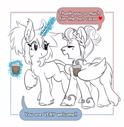 Size: 3990x4096 | Tagged: safe, artist:opalacorn, imported from derpibooru, oc, oc only, oc:void, classical unicorn, pegasus, pony, unicorn, chocolate, cloven hooves, coffee cup, cup, dialogue, duo, duo female, ear fluff, female, food, glowing, glowing horn, grayscale, horn, hot chocolate, laurel wreath, leonine tail, levitation, magic, monochrome, nose piercing, nose ring, open mouth, open smile, partial color, piercing, simple background, smiling, speech bubble, telekinesis, unshorn fetlocks, walking, white background