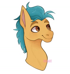 Size: 1740x1840 | Tagged: safe, artist:lululaozi, imported from derpibooru, hitch trailblazer, earth pony, pony, bust, g5, male, portrait, signature, simple background, smiling, solo, stallion, white background