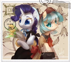 Size: 1904x1670 | Tagged: safe, artist:tingsan, imported from derpibooru, coco pommel, rarity, earth pony, pony, unicorn, bouquet, bow, canterlot lady, clothes, colored pupils, cute, dress, duo, duo female, ear piercing, earring, female, flower, hat, horn, jewelry, looking at you, mare, piercing, postcard, purse