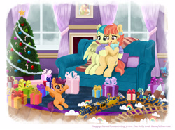 Size: 2547x1885 | Tagged: safe, artist:darksly, imported from derpibooru, aunt holiday, auntie lofty, scootaloo, earth pony, pegasus, pony, christmas, christmas tree, couch, female, filly, foal, hearth's warming, holiday, living room, mare, present, sitting, toy train, tree, trio