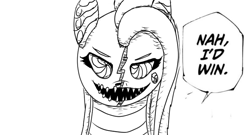 Size: 828x446 | Tagged: safe, artist:ponie pie, imported from derpibooru, oc, oc only, oc:candymare, original species, pony, fanfic:something sweet to bite, black and white, grayscale, meme, monochrome, sharp teeth, smiling, solo, speech bubble, teeth