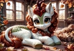 Size: 3072x2112 | Tagged: safe, imported from derpibooru, autumn blaze, kirin, ai content, ai generated, cute, detailed, fluffy, generator:stable diffusion, horn, leaf, looking at you, lying down, on side, prompter:kluknawa235, smiling, window