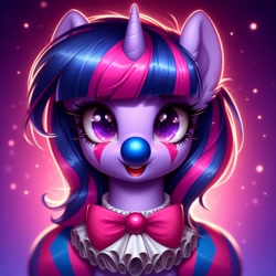 Size: 1024x1024 | Tagged: safe, imported from derpibooru, twilight sparkle, unicorn, ai content, ai generated, alternate hairstyle, bowtie, clown, female, generator:bing image creator, generator:dall-e 3, horn, mare, prompter:heydude5321, solo