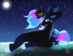 Size: 3000x2295 | Tagged: safe, artist:hanimetion, imported from derpibooru, nightmare moon, alicorn, anthro, unguligrade anthro, breasts, butt, female, full body, full moon, furry, furry to anthro, high res, moon, night, sitting, solo, transformation