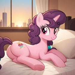 Size: 1024x1024 | Tagged: safe, imported from derpibooru, sugar belle, pony, unicorn, ai content, ai generated, backlighting, bed, bedroom, butt, city, curtains, female, generator:pony diffusion v6 xl, generator:stable diffusion, horn, indoors, looking at you, looking back, looking back at you, lying down, mare, on bed, on side, plot, prompter:harvydraws, prone, show accurate, smiling, smiling at you, solo, solo female, sugar butt, sun, sunset, window