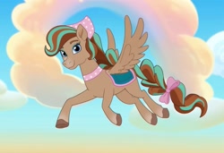 Size: 1216x832 | Tagged: safe, imported from derpibooru, pegasus, ai content, ai generated, bandana, bow, cloud, cocoa (wild manes), eyeshadow, female, flying, generator:pony diffusion v6 xl, generator:stable diffusion, makeup, mare, not a screencap, not an edit, prompter:grievous93, race swap, show accurate, sky, smiling, solo, spread wings, tail, tail bow, wild manes, wings