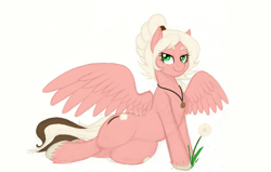 Size: 1266x807 | Tagged: safe, artist:prismspark, imported from derpibooru, oc, oc only, oc:dandelion, pegasus, pony, commission, dandelion, eye clipping through hair, eyebrows, eyebrows visible through hair, female, female oc, freckles, jewelry, lidded eyes, looking at you, lying down, mare, mare oc, necklace, pegasus oc, simple background, smiling, spread wings, unshorn fetlocks, white background, wings