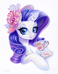 Size: 1017x1300 | Tagged: safe, artist:maytee, imported from derpibooru, part of a set, rarity, pony, unicorn, bust, colored pencil drawing, cup, eyeshadow, female, glowing, glowing horn, hat, horn, levitation, looking at you, magic, magic aura, makeup, mare, portrait, simple background, smiling, smiling at you, solo, teacup, telekinesis, traditional art, white background