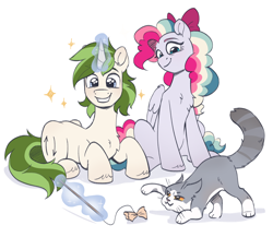 Size: 2456x2128 | Tagged: safe, artist:skysorbett, imported from derpibooru, oc, oc only, oc:ein, oc:sky sorbet, cat, pegasus, pony, unicorn, bow, cat toy, duo, duo male and female, female, hair bow, happy, horn, magic, magic aura, male, mare, multicolored hair, simple background, smiling, stallion, telekinesis, white background