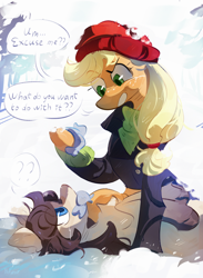 Size: 2600x3550 | Tagged: safe, artist:pakmur, imported from derpibooru, applejack, oc, oc:frosty flakes, earth pony, fish, pony, blue eyes, clothes, comic, duo, duo female, female, hat, lying down, snow, sweater, yakutian horse