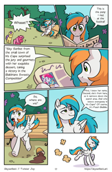 Size: 1522x2339 | Tagged: safe, artist:skysorbett, imported from derpibooru, oc, oc only, oc:sky sorbet, oc:twister joy, pegasus, pony, comic:breaking free #2, bench, male, newspaper, outdoors, park, stallion