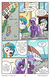 Size: 1522x2339 | Tagged: safe, artist:skysorbett, imported from derpibooru, oc, oc only, oc:callisto, oc:starry glitch, oc:twister joy, earth pony, pegasus, pony, unicorn, comic:breaking free #2, building, comic, female, horn, house, male, mare, outdoors, stallion