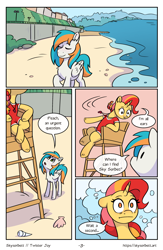 Size: 1522x2339 | Tagged: safe, artist:skysorbett, imported from derpibooru, oc, oc only, oc:peach bubble, oc:twister joy, pegasus, pony, unicorn, comic:breaking free #2, beach, clothes, comic, female, horn, lifeguard, male, mare, ocean, outdoors, stallion, swimsuit, water, whistle, whistle necklace