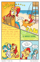 Size: 1522x2339 | Tagged: safe, artist:skysorbett, imported from derpibooru, oc, oc only, oc:peach bubble, oc:twister joy, pegasus, pony, unicorn, comic:breaking free #2, beach, clothes, comic, female, horn, lifeguard, male, mare, ocean, outdoors, stallion, swimsuit, water, whistle, whistle necklace