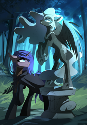 Size: 3000x4300 | Tagged: safe, artist:chamommile, imported from derpibooru, nightmare moon, oc, oc only, pony, unicorn, ammunition, armor, blue eyes, clothes, commission, craft, duo, forest, full body, horn, looking at each other, looking at someone, nature, night, sculpture, tree, unicorn oc