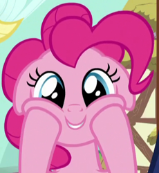 Size: 381x414 | Tagged: safe, imported from derpibooru, screencap, applejack, pinkie pie, earth pony, pony, season 5, the one where pinkie pie knows, cropped, cute, daaaaaaaaaaaw, diapinkes, excited, floppy ears, giggling, happy, laughing, my little pony, offscreen character, smiling, solo focus, squishy cheeks