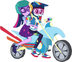 Size: 865x748 | Tagged: safe, edit, edited screencap, imported from derpibooru, screencap, rainbow dash, sci-twi, twilight sparkle, human, equestria girls, background removed, duo, duo female, female, helmet, motorcycle, not a vector