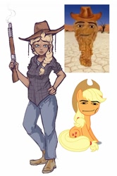 Size: 570x857 | Tagged: safe, artist:biomysor, imported from derpibooru, applejack, earth pony, human, applejack's hat, boots, clothes, cowboy hat, dark skin, denim, ear piercing, earring, faic, flannel, freckles, gun, hat, humanized, jeans, jewelry, meme, pants, piercing, rifle, shirt, shoes, simple background, weapon, white background