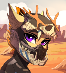 Size: 3000x3300 | Tagged: safe, artist:chamommile, imported from derpibooru, oc, oc only, deer, pony, unicorn, ammunition, brony, bust, clothes, commission, craft, desert, helmet, horn, horns, looking at you, motocross outfit, motorcycle helmet, motorcyclist, night, portrait, purple eyes, sai, scenery, sculpture, tree, unicorn oc, yellow skin