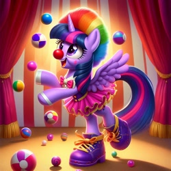 Size: 1024x1024 | Tagged: safe, imported from derpibooru, twilight sparkle, alicorn, ai content, ai generated, ball, bowtie, clothes, clown, clown nose, curtains, female, generator:bing image creator, generator:dall-e 3, horn, mare, prompter:heydude5321, rainbow wig, red nose, shoes, solo, tutu, wig