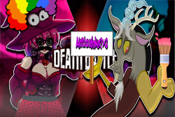 Size: 3000x2000 | Tagged: safe, artist:kinng01, imported from derpibooru, discord, hybrid, undead, vampire, ain't i a stinker?, breaking the fourth wall, crossover, death battle, exploitable meme, fourth wall, looney tunes, meme, my little pony, photoshop, reference, riot rumble, sharon maximus, spoilers for another series, thumbnail, vampire witch, witch