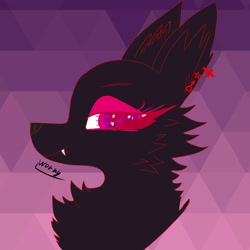 Size: 2048x2048 | Tagged: safe, artist:wornpaladin, artist:worny, imported from derpibooru, oc, oc only, dog, fluffers, wolf, them's fightin' herds, abstract background, black body, black fur, community related, cross, ear fluff, ear piercing, eyebrows, eyelashes, fangs, feral, fluffy, fur, gender symbol, male, male symbol, mammal, pentagram, piercing, red eyes, satanic star, sharp teeth, signature, simple background, smiling, solo, teeth