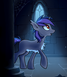 Size: 700x802 | Tagged: safe, artist:embryolk, imported from derpibooru, oc, oc only, oc:dreaming star, bat pony, bat pony unicorn, hybrid, pony, unicorn, bat pony oc, bat wings, castle, chest fluff, commission, fangs, horn, indoors, male, mirror, moonlight, pale belly, red eyes, solo, stallion, wings, ych result