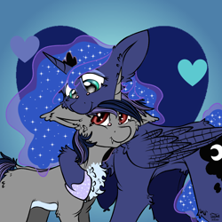 Size: 2048x2048 | Tagged: safe, artist:clarsithell, imported from derpibooru, princess luna, oc, oc:dreaming star, alicorn, bat pony, bat pony unicorn, hybrid, unicorn, chest fluff, commission, cuddling, duo, fangs, female, horn, hug, male, mare, stallion, wings, ych result