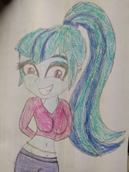 Size: 780x1040 | Tagged: safe, artist:warioman69, imported from derpibooru, sonata dusk, human, equestria girls, breasts, busty sonata dusk, clothes, cute, cute grin, exposed belly, eyeshadow, female, grin, hands behind back, makeup, ponytail, smiling, solo, sonatabetes