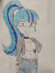 Size: 780x1040 | Tagged: safe, artist:warioman69, imported from derpibooru, sonata dusk, human, equestria girls, breasts, busty sonata dusk, choker, clothes, cute, ear piercing, earring, exposed belly, eyeshadow, female, grin, hand on hip, jewelry, makeup, piercing, ponytail, smiling, solo, sonatabetes