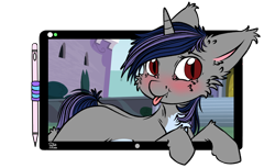 Size: 1920x1176 | Tagged: safe, artist:clarsithell, imported from derpibooru, oc, oc only, oc:dreaming star, bat pony, bat pony unicorn, hybrid, pony, unicorn, :p, blushing, breaking the fourth wall, chest fluff, commission, cute, drawing tablet, fangs, fluffy, fur, hooves, horn, male, ocbetes, simple background, solo, stallion, tongue out, transparent background, ych result