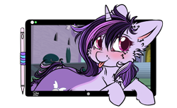 Size: 1920x1176 | Tagged: safe, artist:clarsithell, imported from derpibooru, oc, oc only, oc:dreaming bell, pony, unicorn, blushing, breaking the fourth wall, commission, cute, drawing tablet, female, fluffy, fur, hooves, horn, mare, ocbetes, simple background, solo, transparent background, two toned coat, unicorn oc, ych result